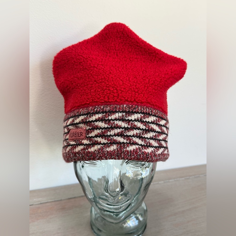 Vintage VERBIER Wool & Fleece Knit Ski Hat Beanie Canada Red Toque Apres Ski